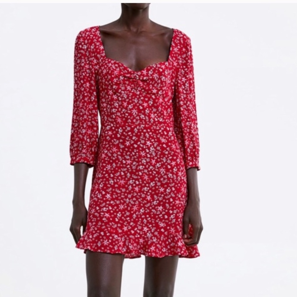 Zara red dress with white printed flowers